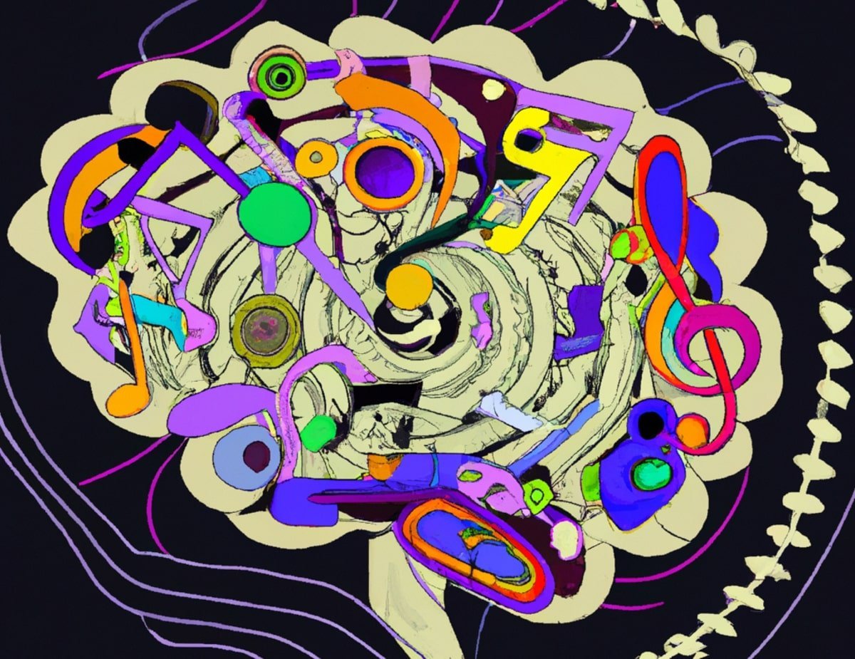 This shows a brain surrounded by music notes