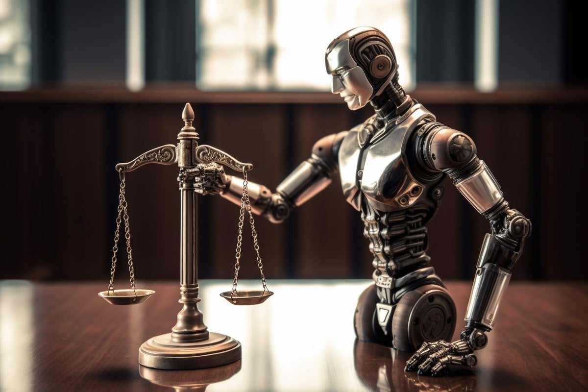 This shows a robot holding up the scales of justice.