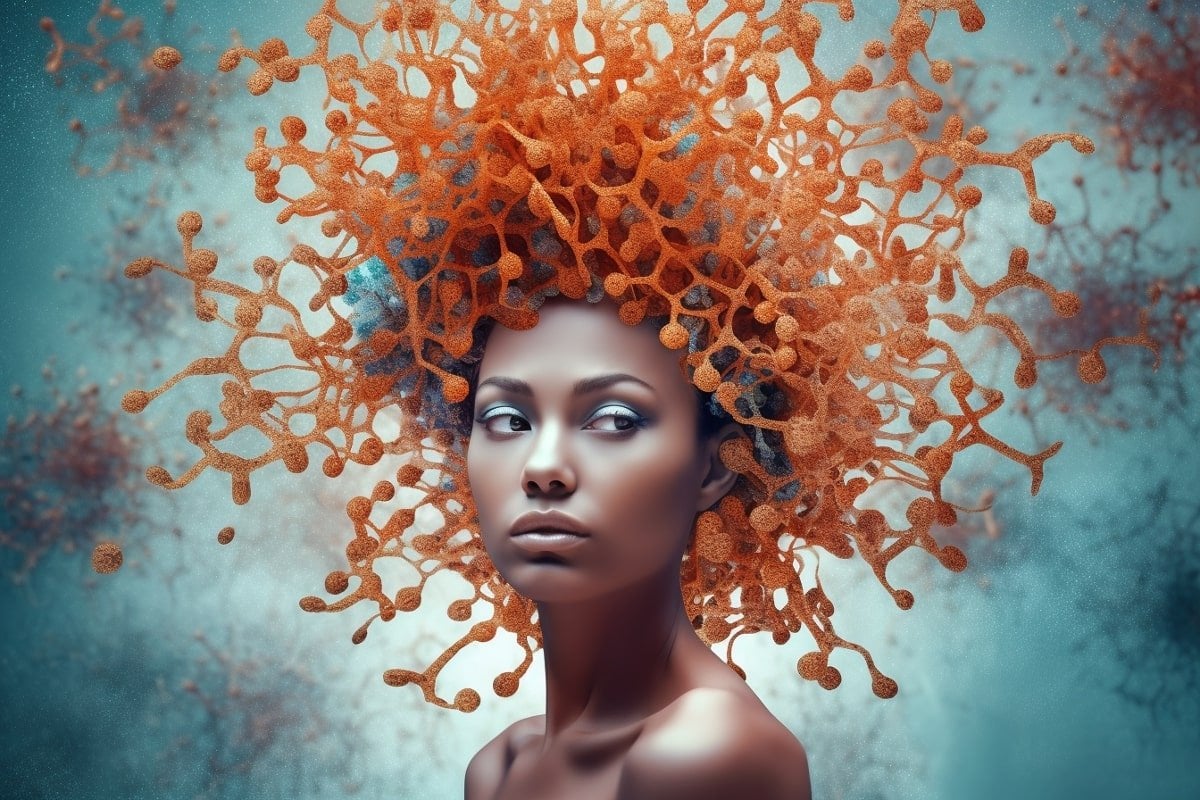 This shows a woman with cell structures in her hair.