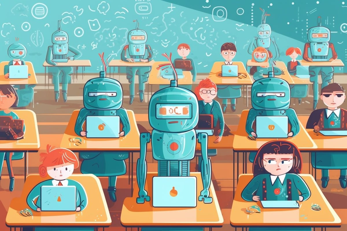This is a cartoon of students and robots in a classroom.