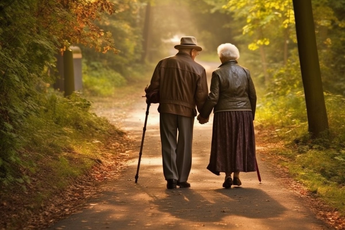 This shows an older couple taking a walk.
