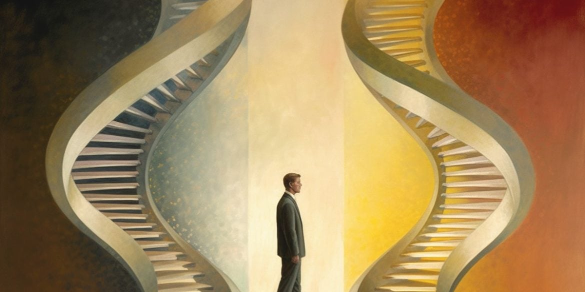 This shows a man walking between two DNA staircases.