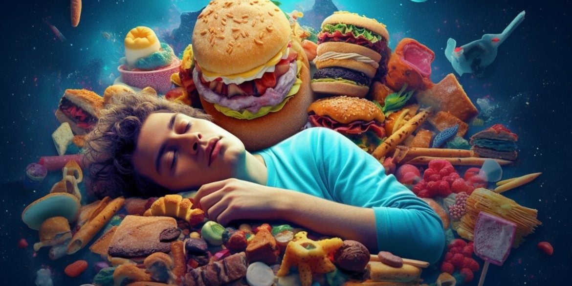 This shows a person sleeping surrounded by junk food.