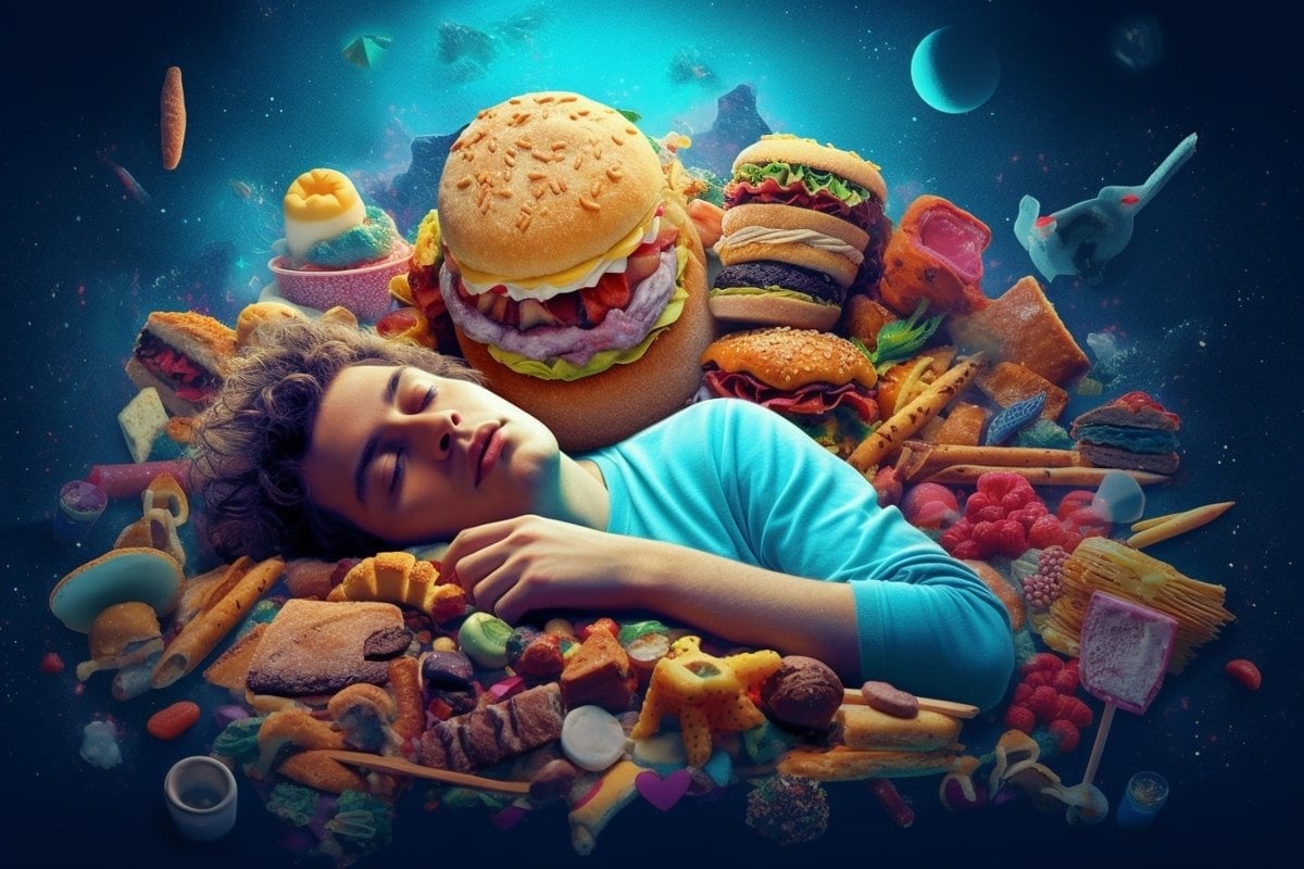 This shows a person sleeping surrounded by junk food.