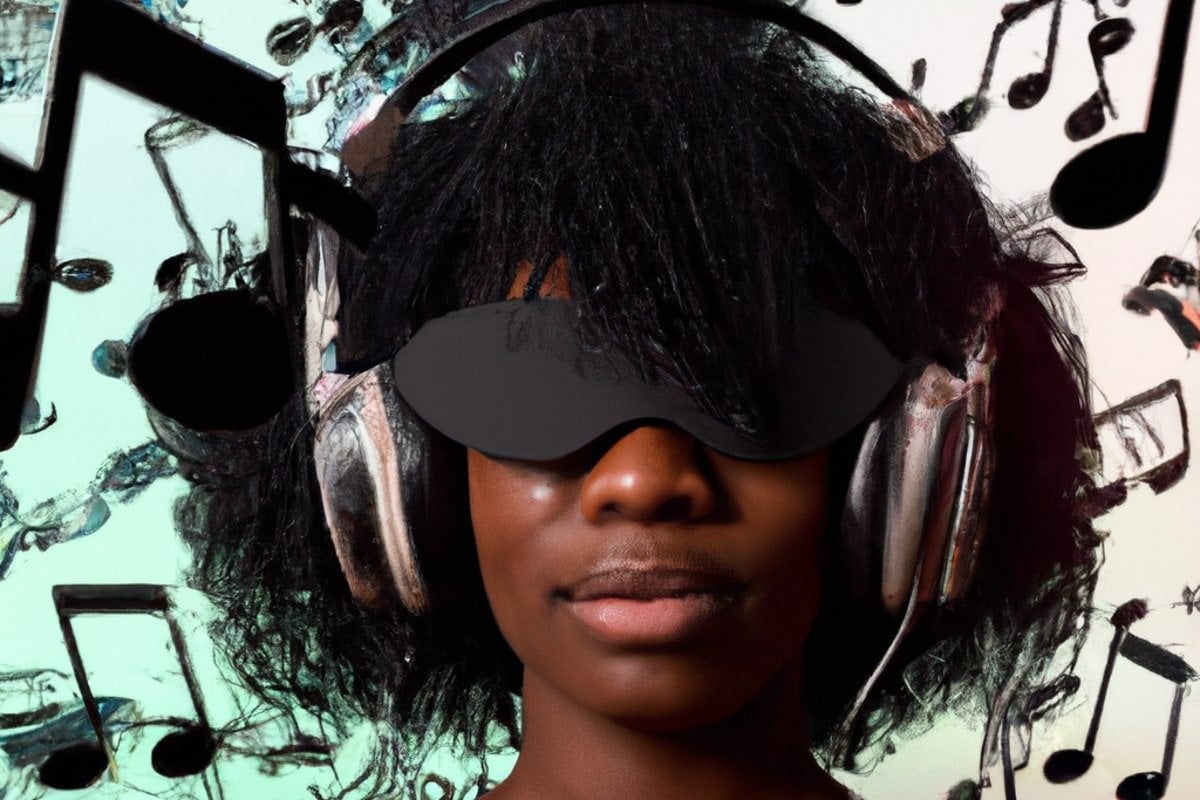 This shows a woman with a vr headset and headphones surrounded by music notes