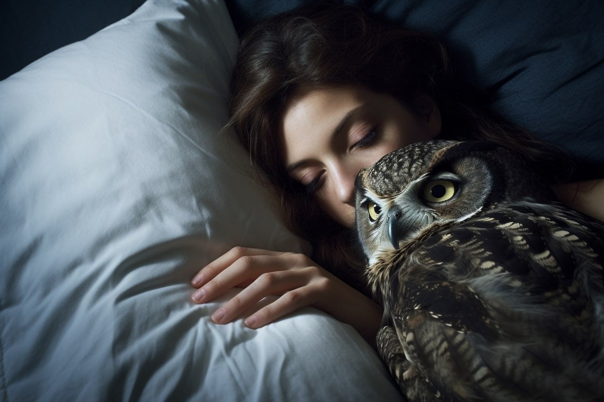 This shows a sleeping woman and an owl.