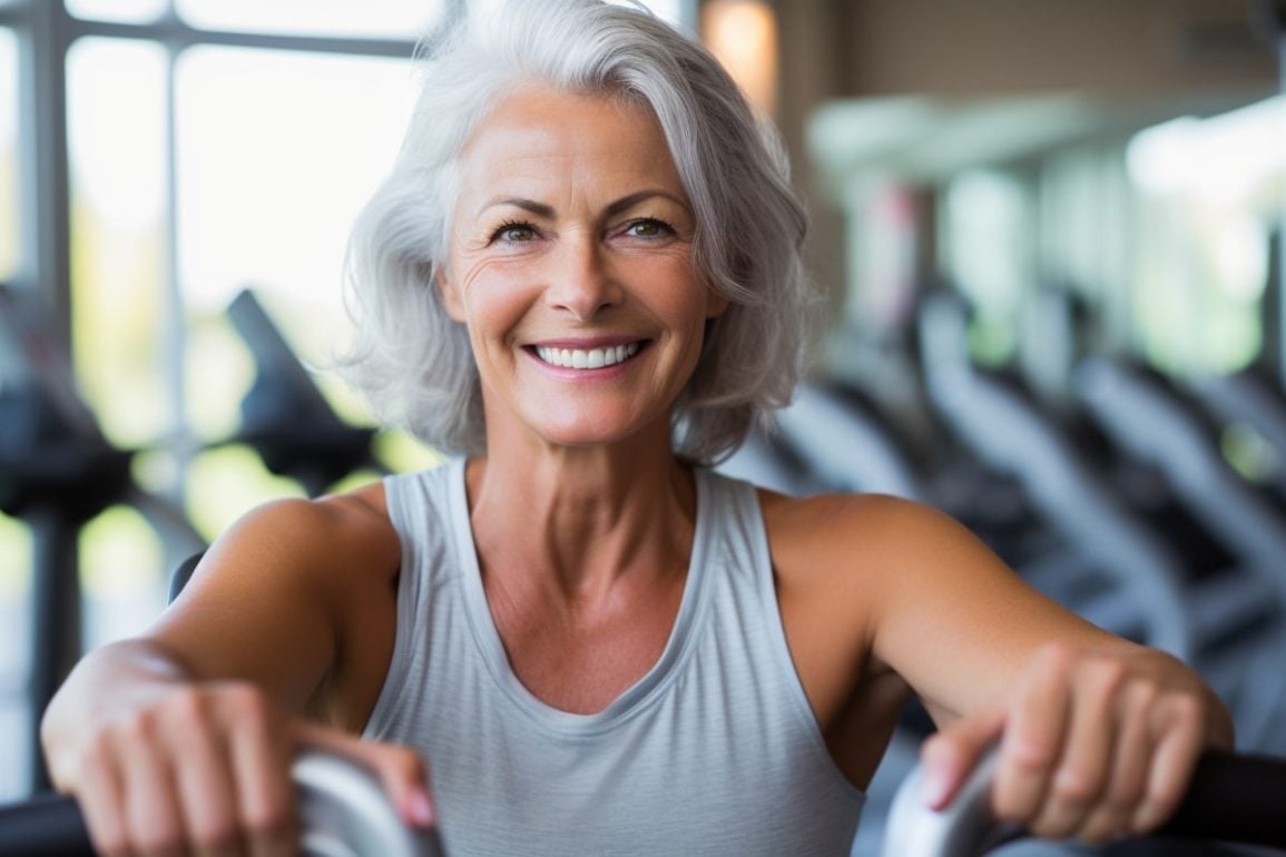 This shows an older lady working out.