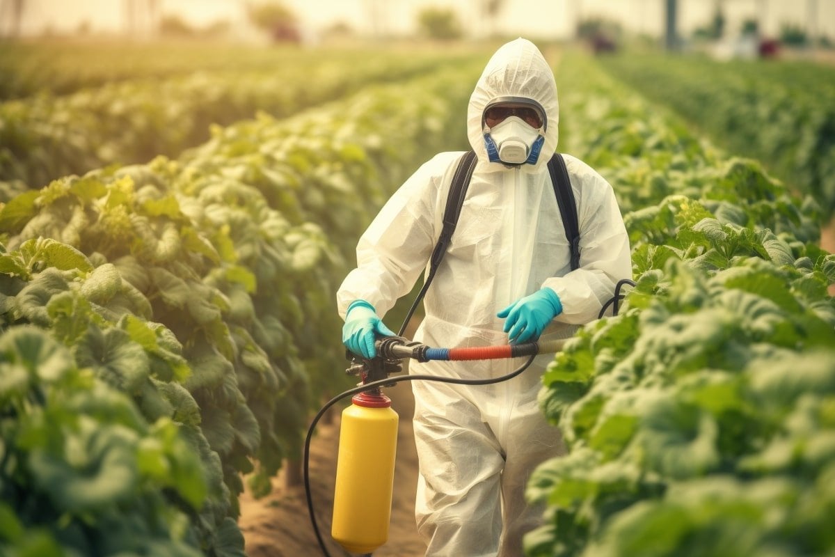 This shows a man spraying pesticides in a field.