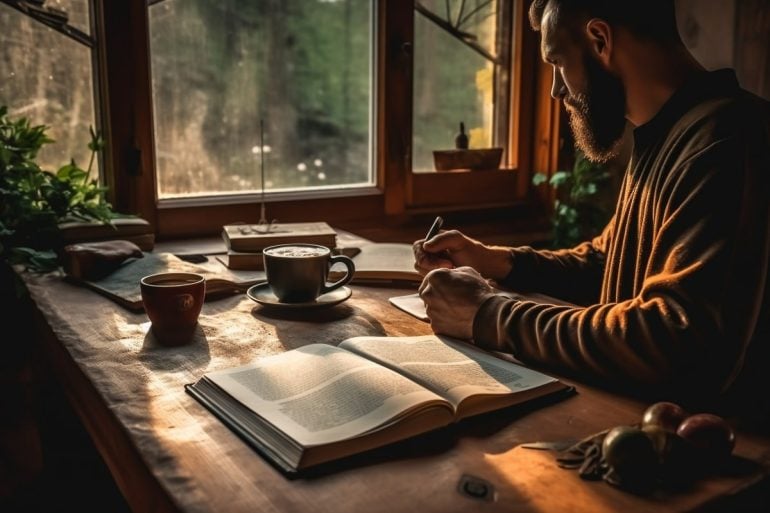This shows a man sitting at a desk with a coffee and a bible.