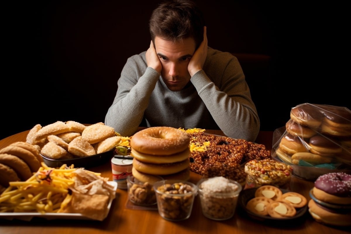 This shows a sad man sitting by a table full of junk food.