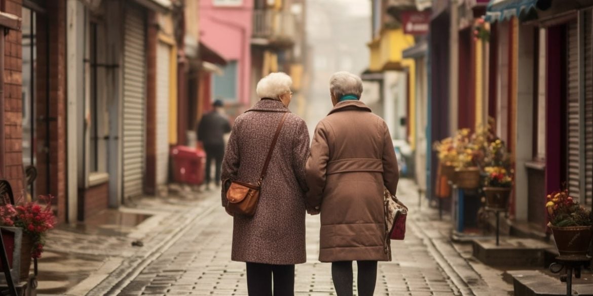 This shows two older ladies walking.