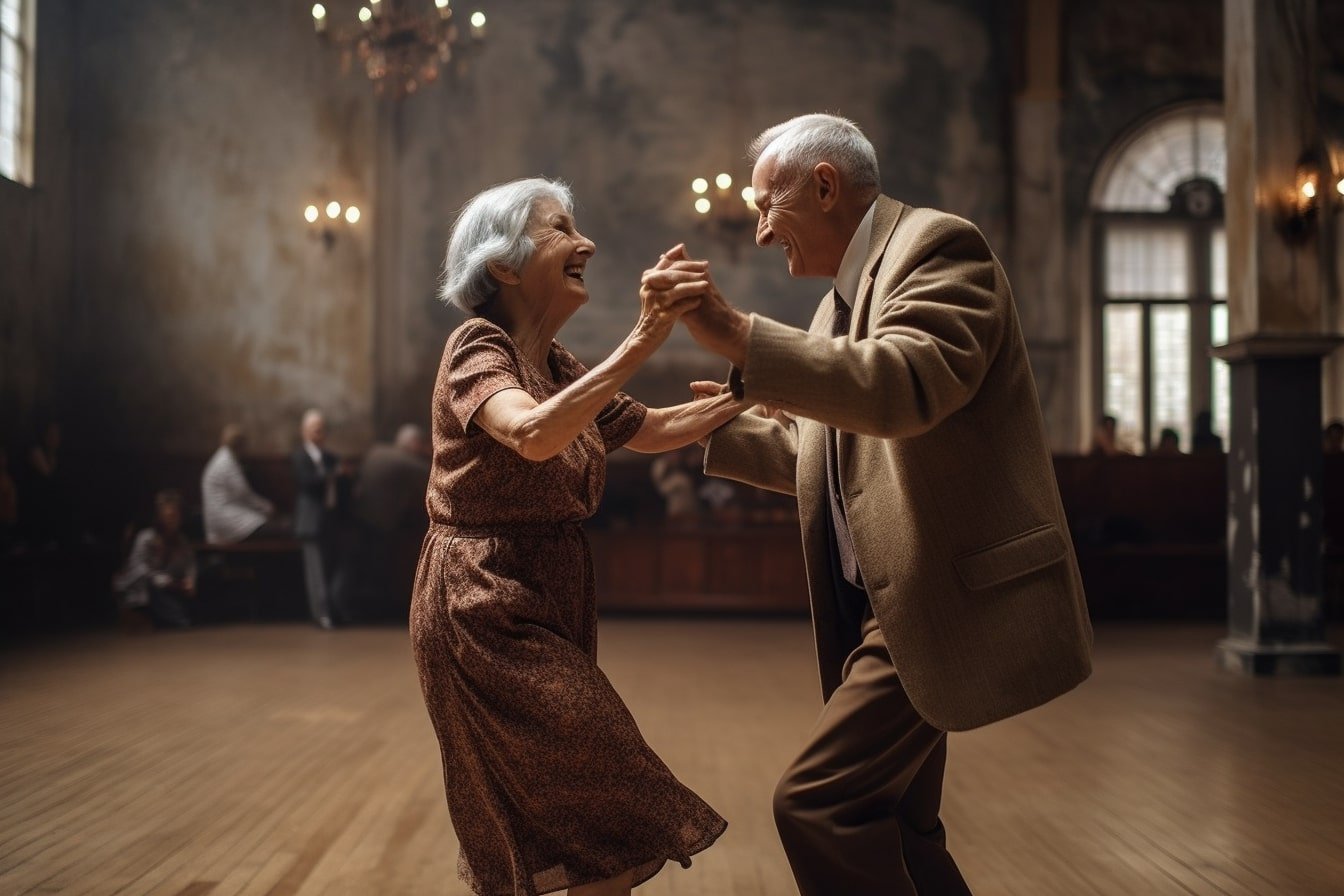 This shows an older couple dancing.