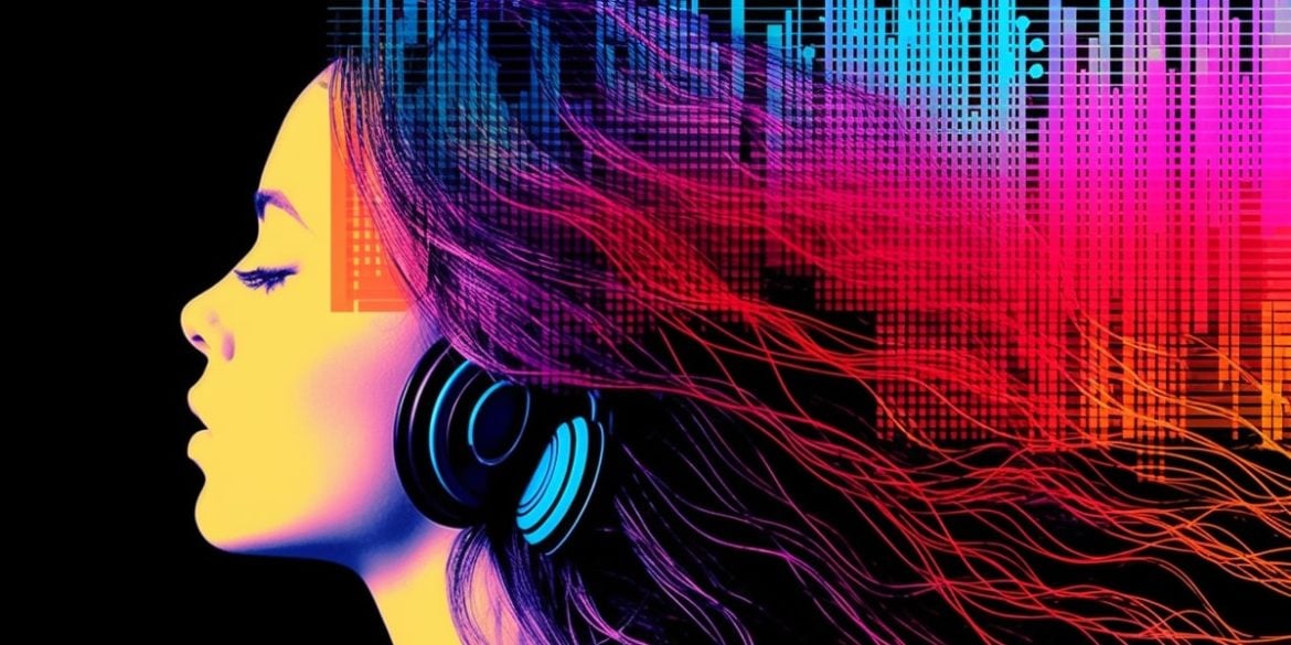 This shows a woman listening to music on headphones.