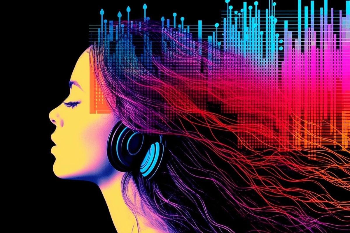 This shows a woman listening to music on headphones.