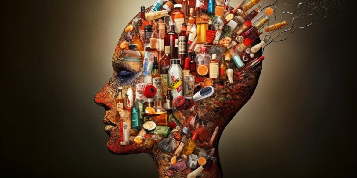 This shows a head made out of bottles.