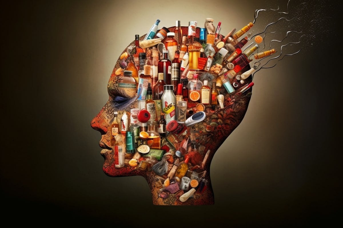 This shows a head made out of bottles.