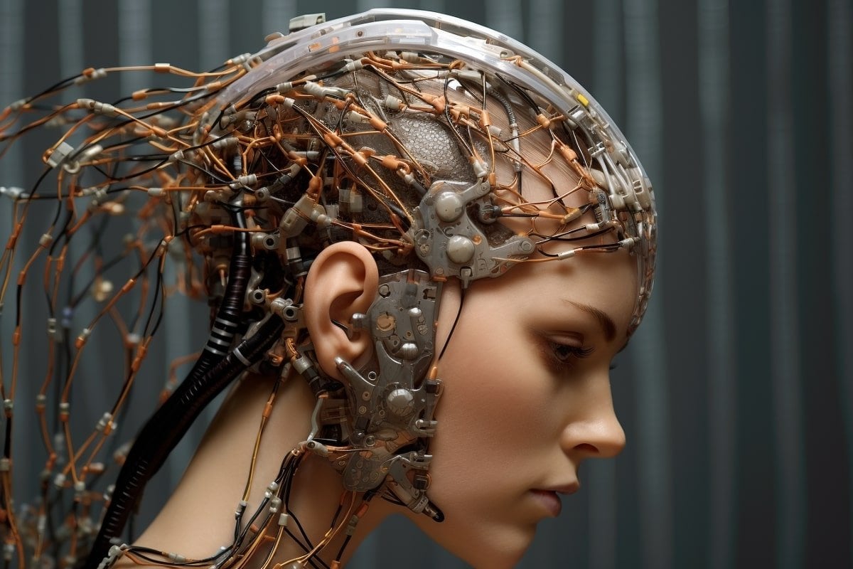 This shows a woman with her head covered in computer chips.