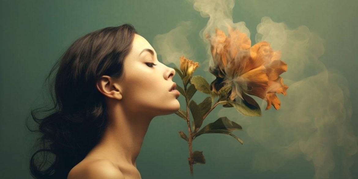 This shows a woman smelling a flower.