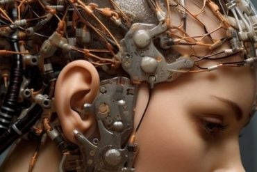 This shows a woman with her head covered in computer chips.
