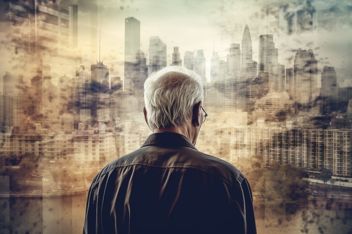 Dit toont een oude man die over een stad kijkt.