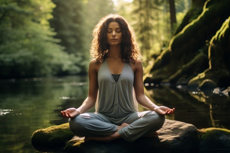 This shows a woman meditating.