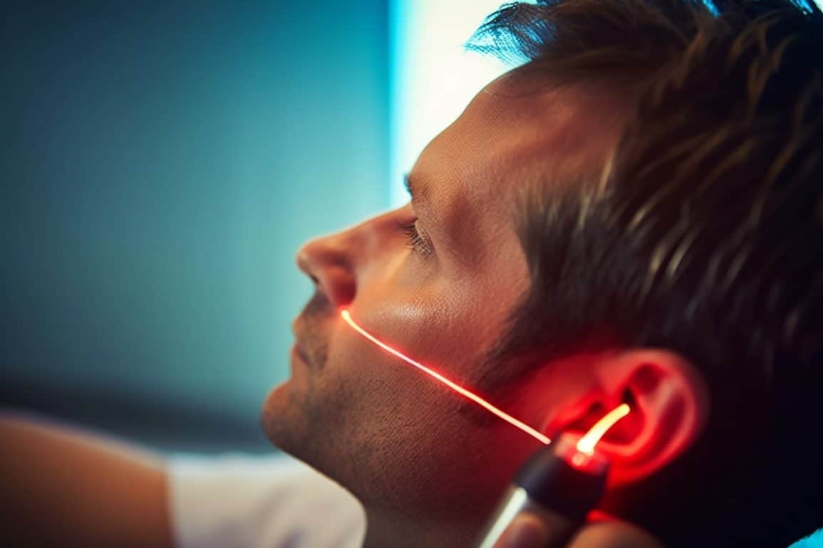 This shows a man having the laser therapy.