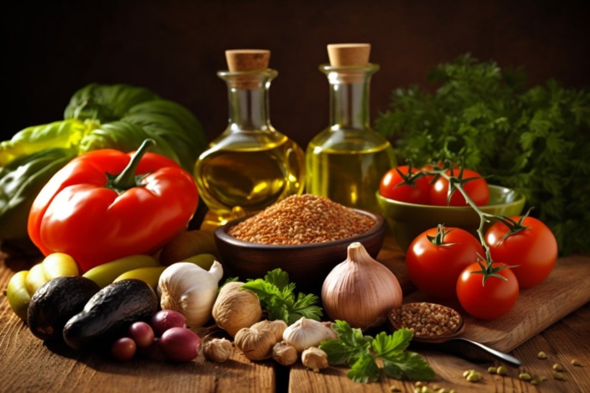 This shows Mediterranean diet foods including tomatoes and olive oil.