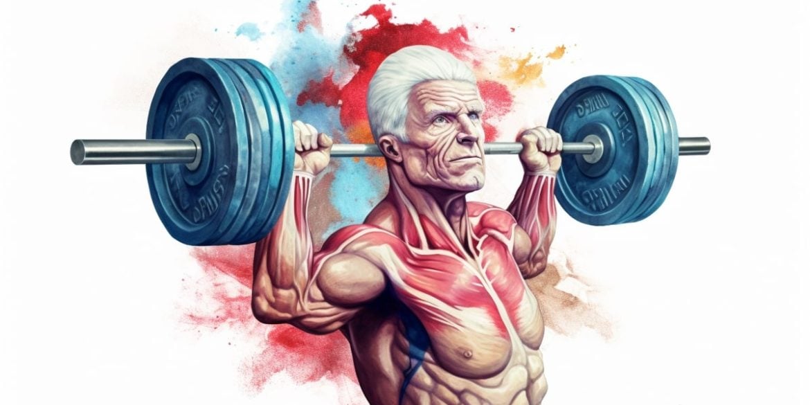 This shows an older man lifting weights.