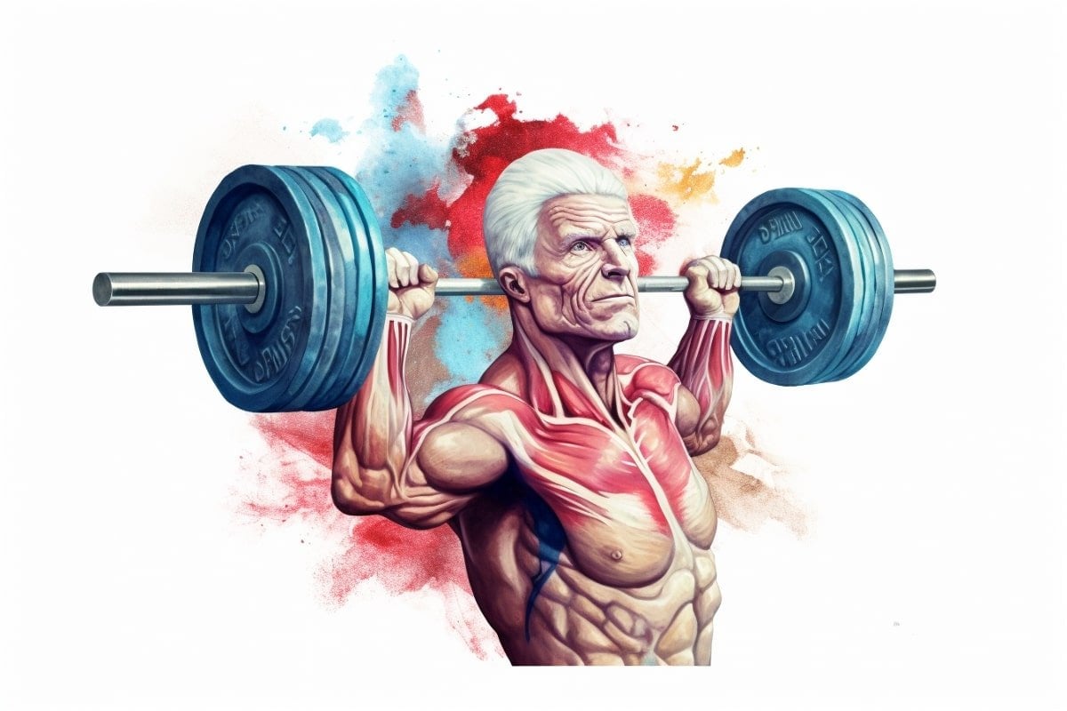 This shows an older man lifting weights.