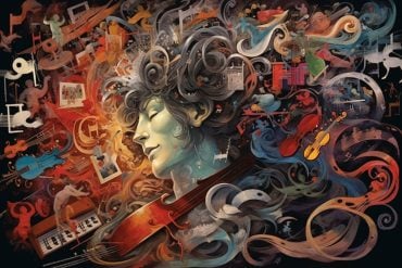 This shows a person surrounded by musical notes and instruments.