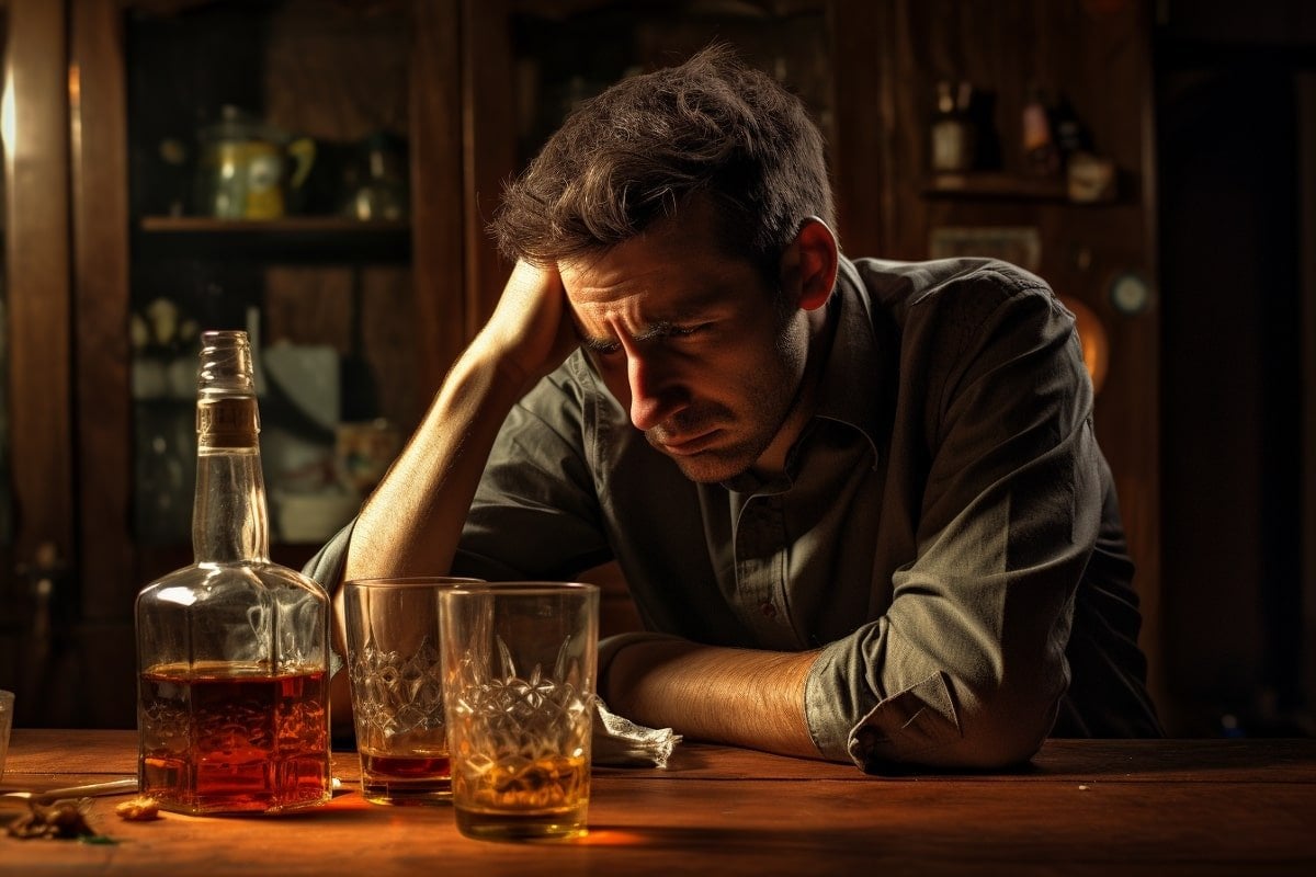 This shows a sad man and a whiskey bottle.