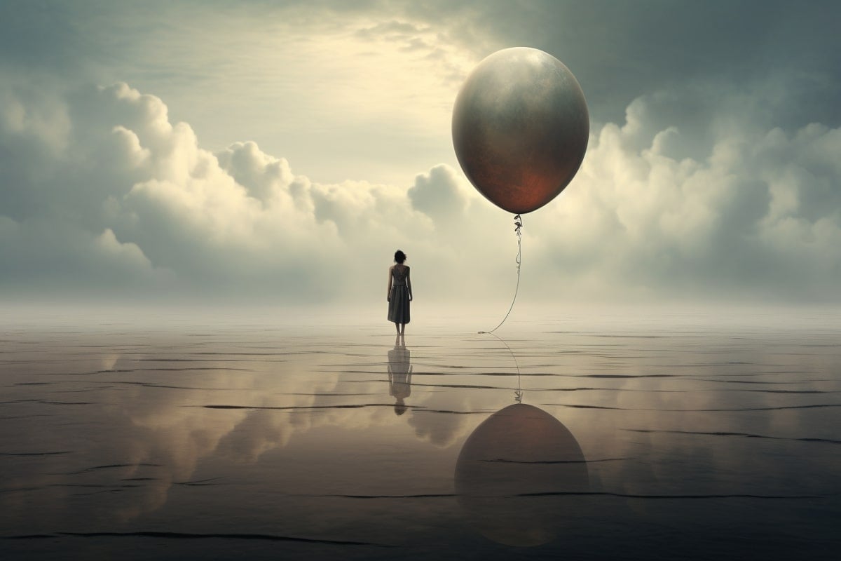 This shows a woman walking with a balloon.