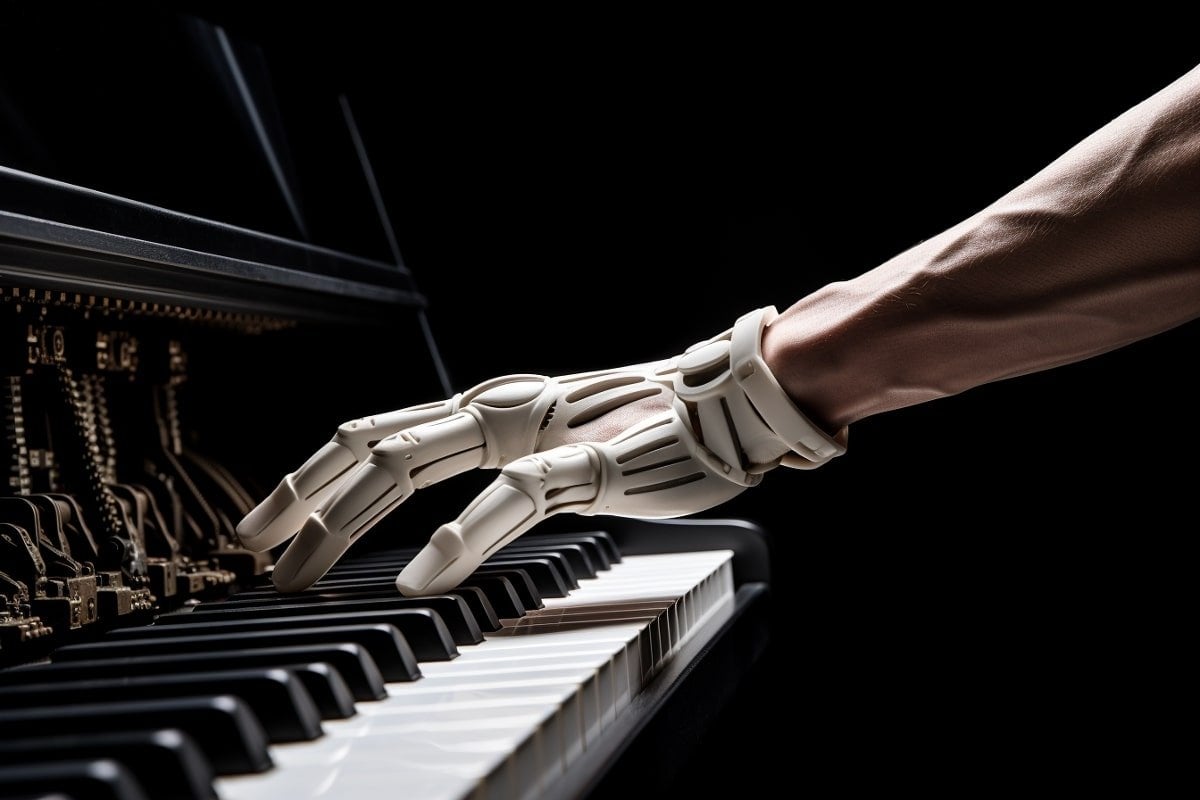 This shows a hand in a robotic glove playing piano.