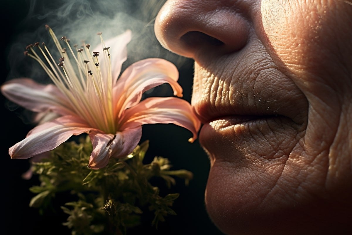 This shows a woman smelling a flower.