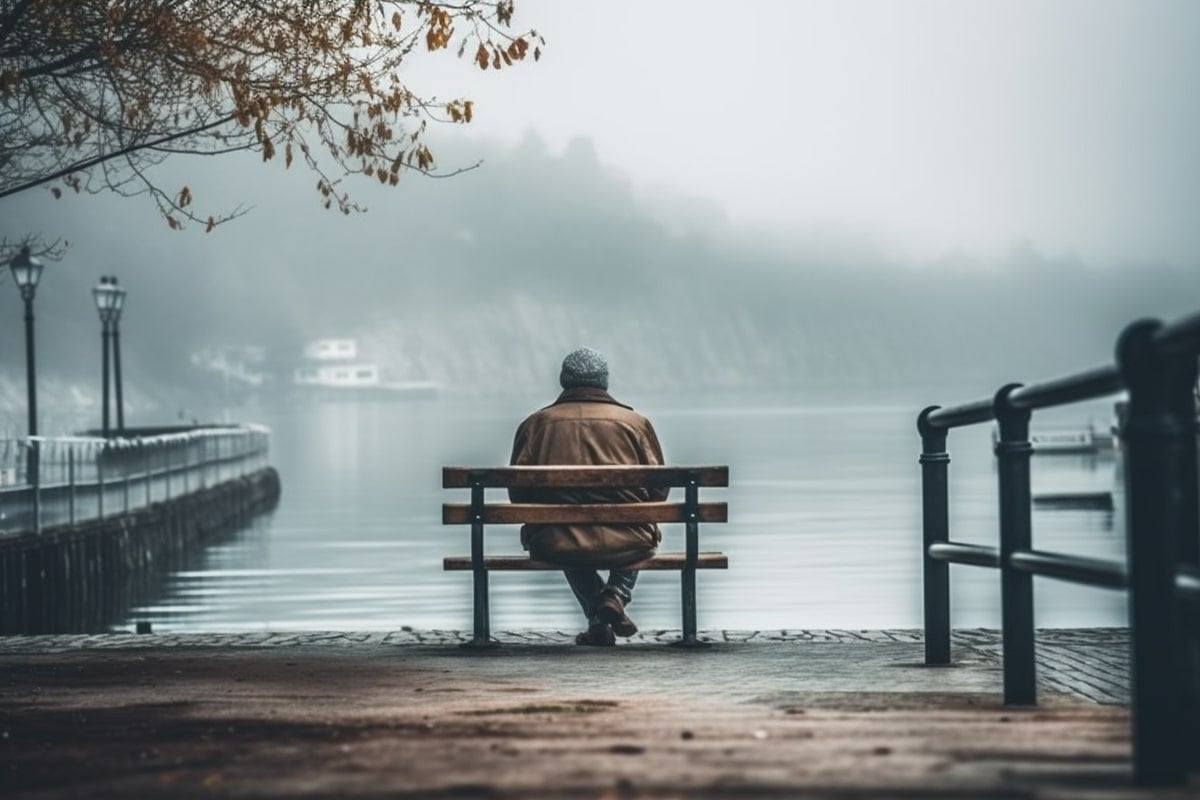 This shows a man sitting alone on a bench.