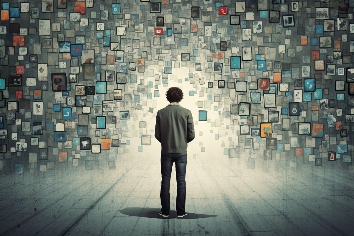 This shows a person surrounded by tablets and cell phones.