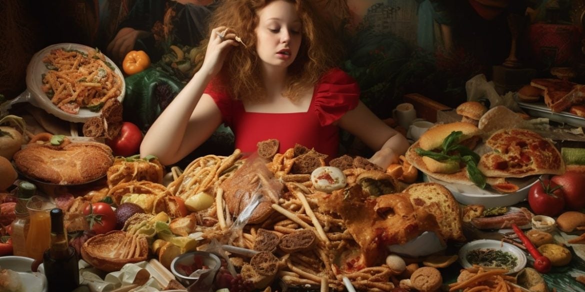 This shows a woman surrounded by junk food.