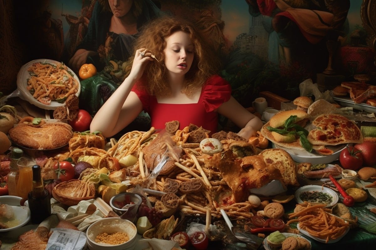 This shows a woman surrounded by junk food.