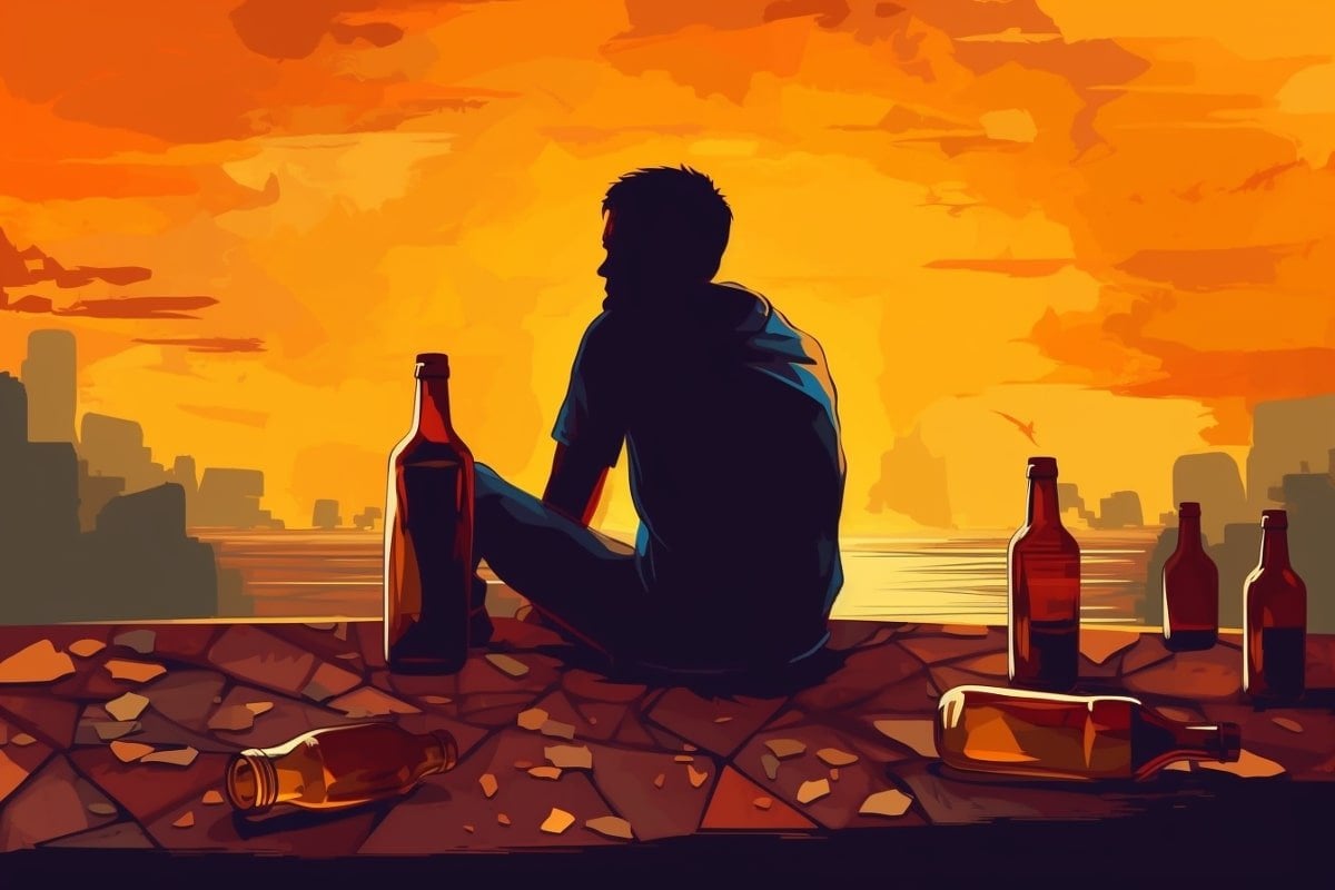 This shows a depressed teen surrounded by bottles.