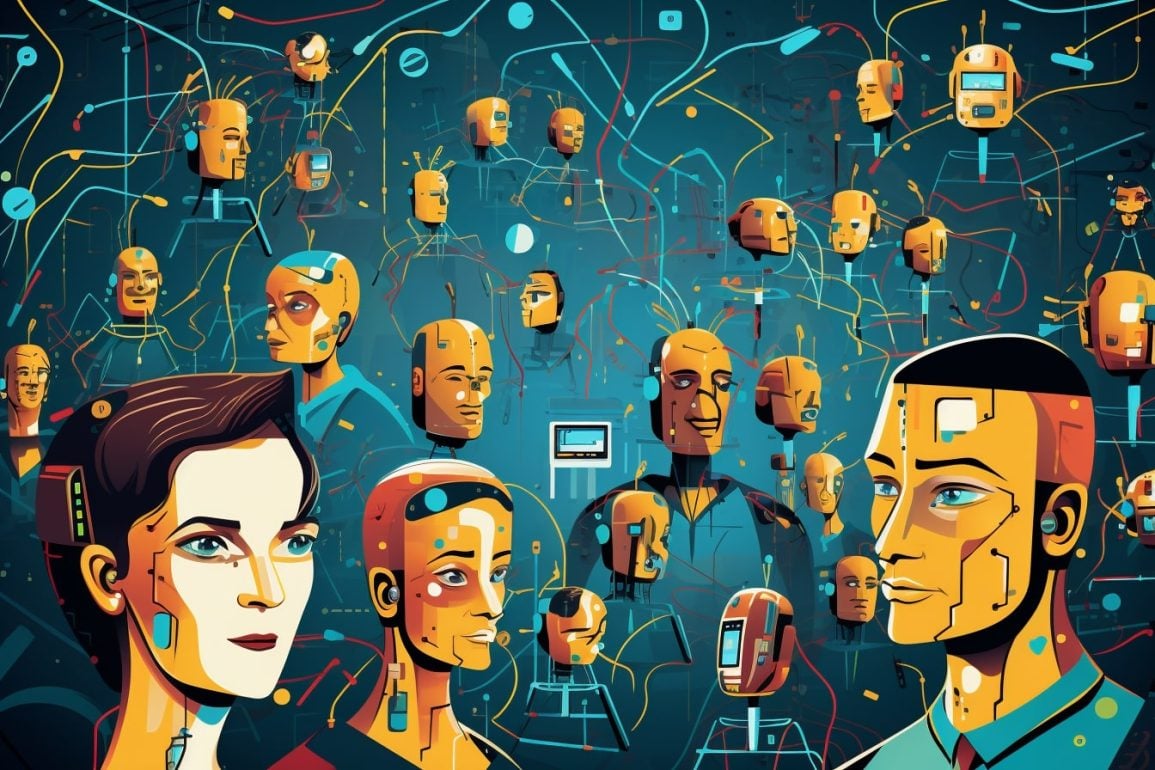 This shows a cartoon of people and robots.