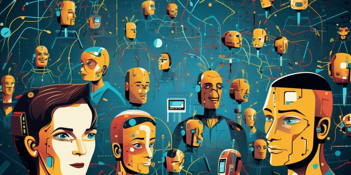 This shows a cartoon of people and robots.