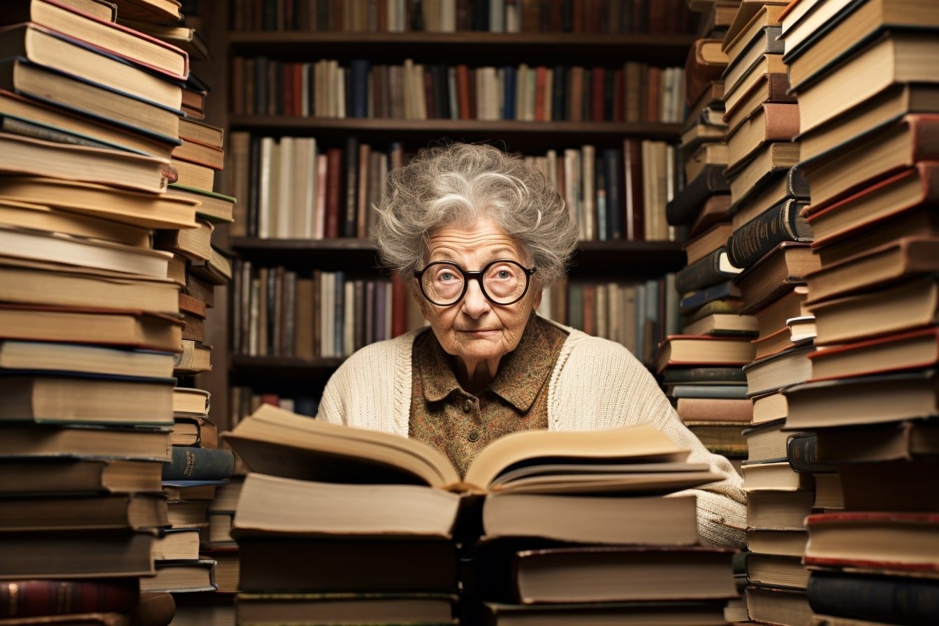 This shows an older lady reading.