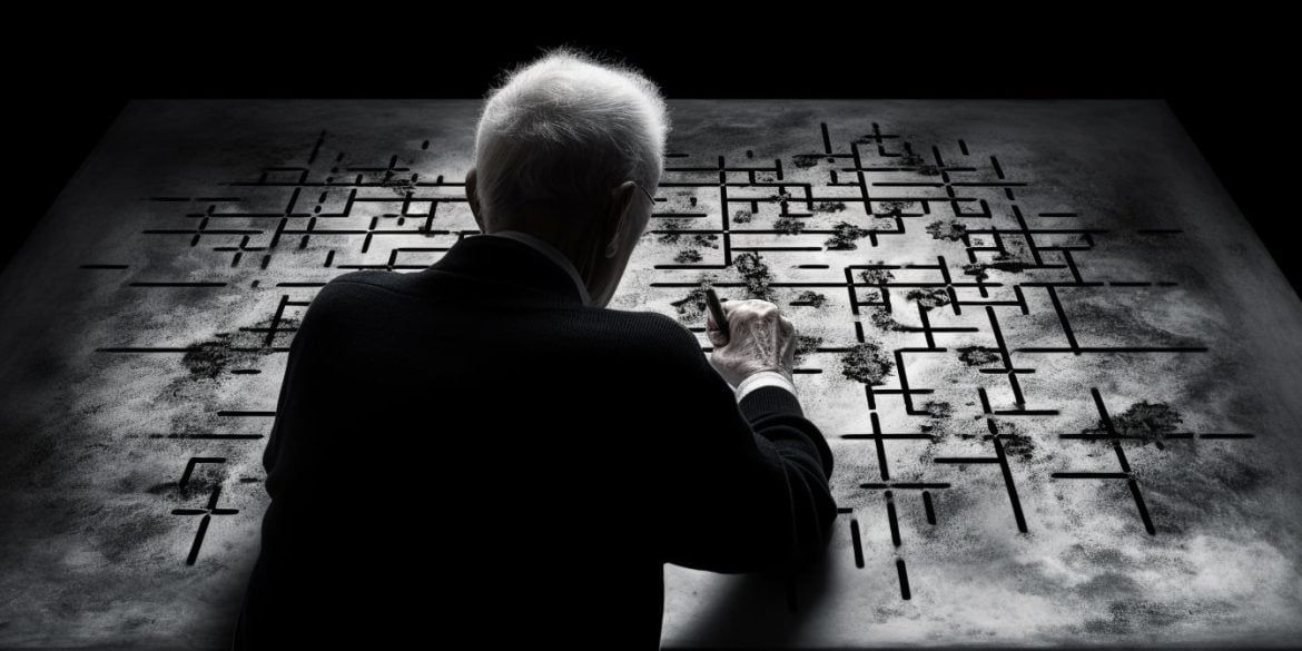 This shows an older man doing a puzzle.