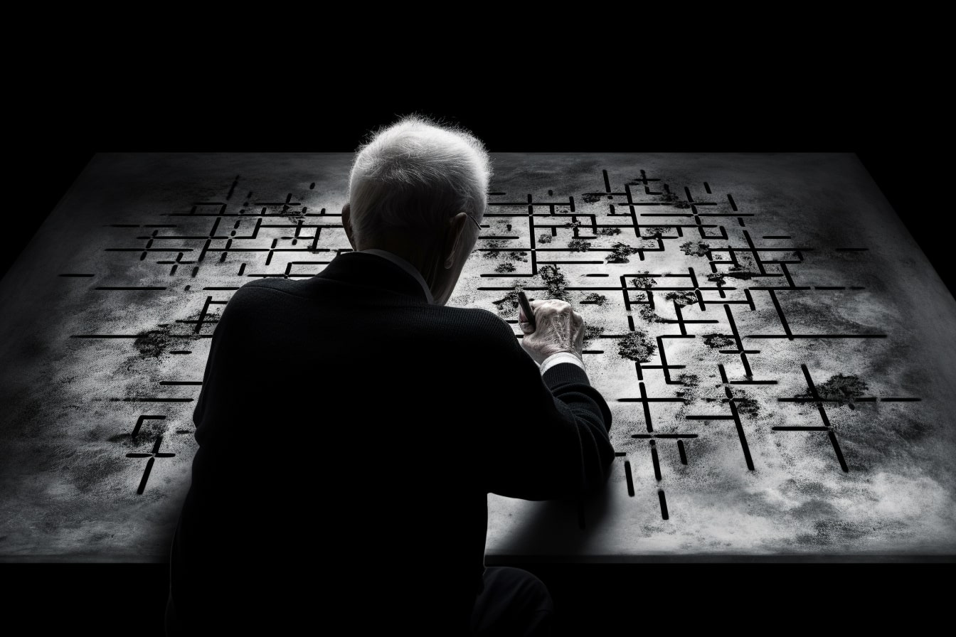 This shows an older man doing a puzzle.