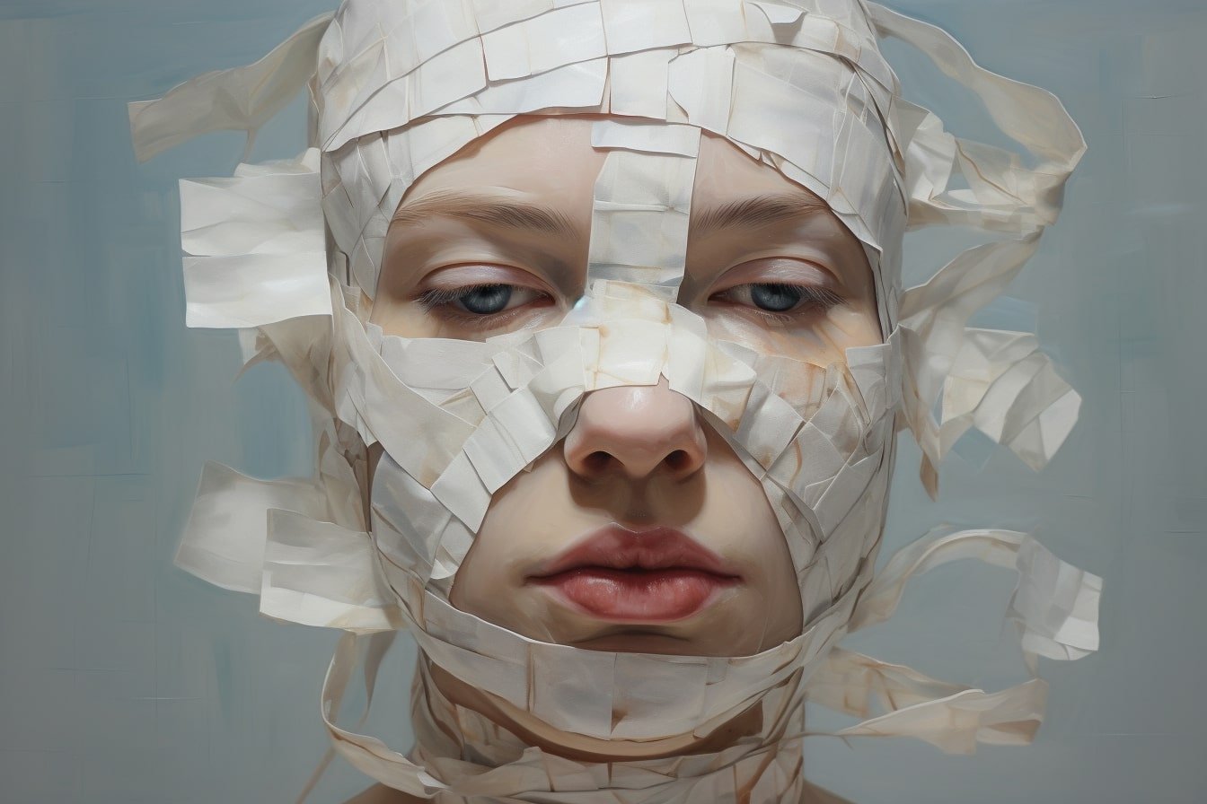 This shows a woman's face covered in bandages.