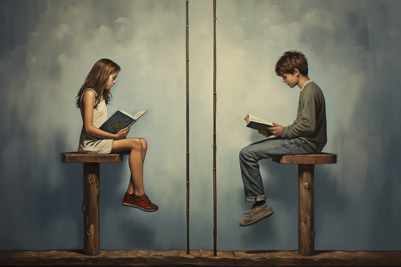 Bu genç bir kız ve erkek çocuğu kitap okurken gösteriyor.