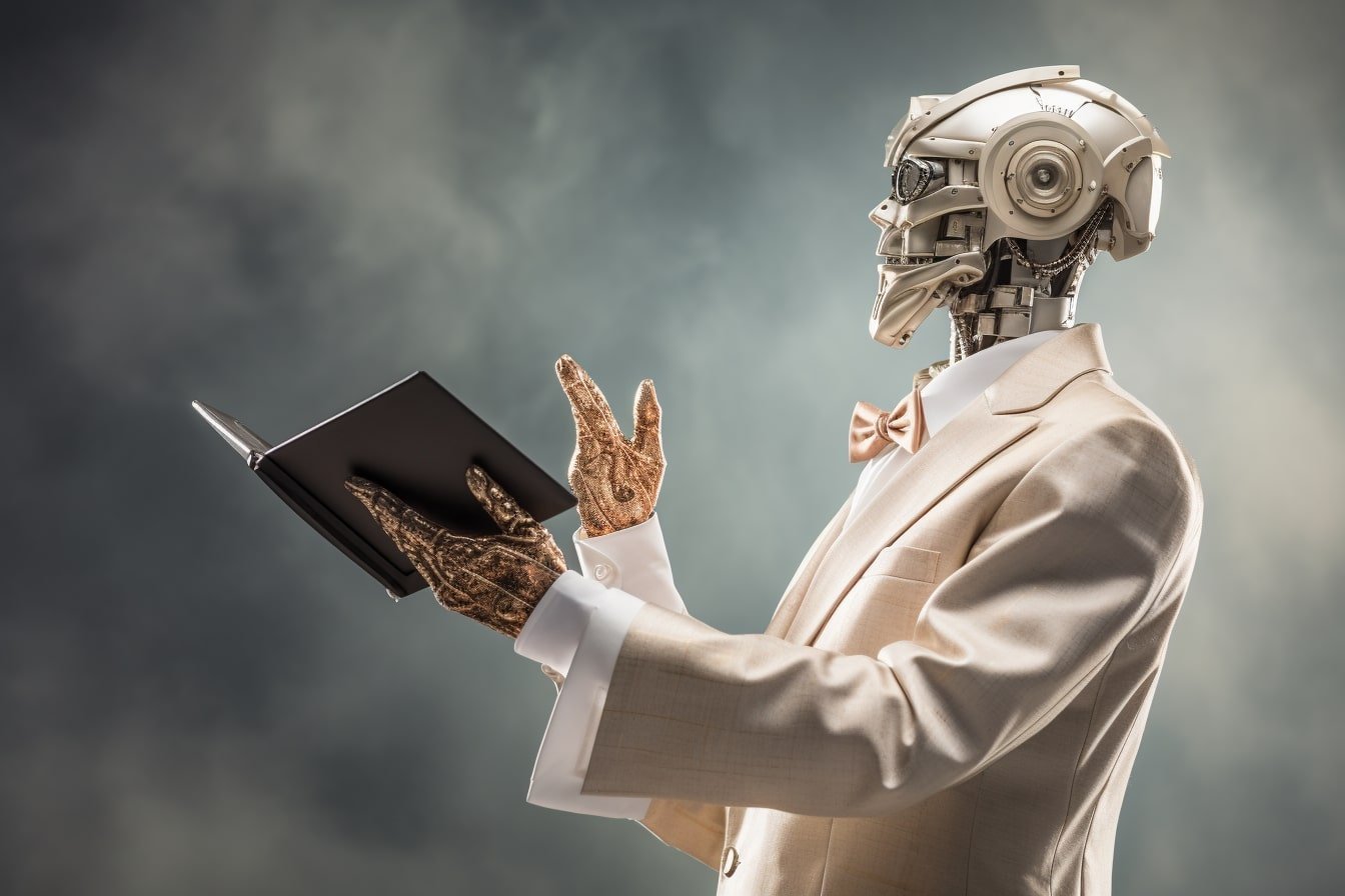 This shows a well dressed robot with a bible.