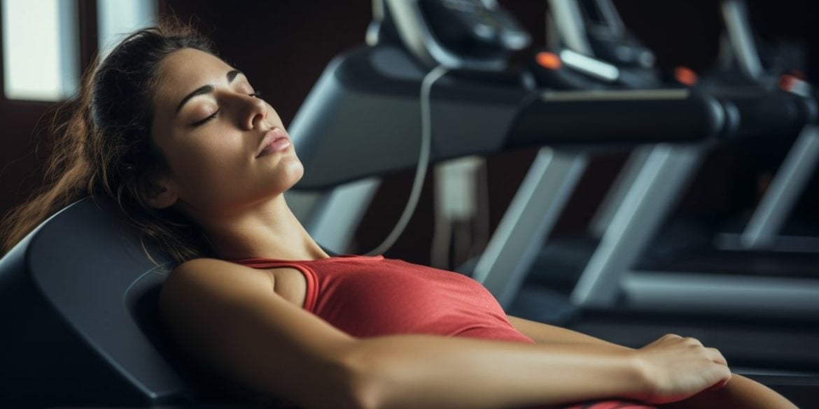 This shows a woman sleeping in the gym.