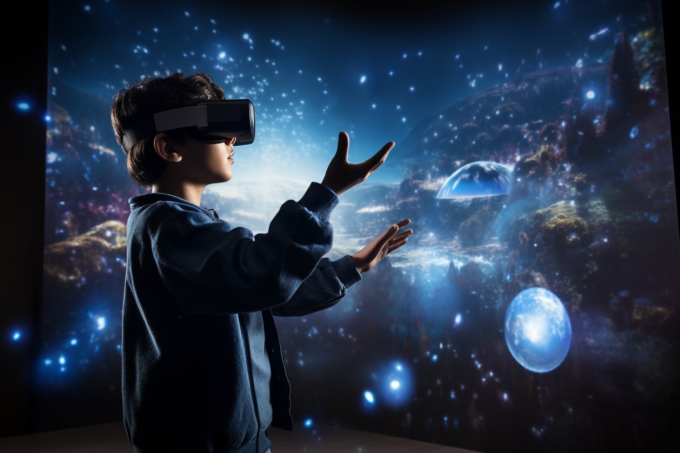 This shows a child in a virtual reality system.