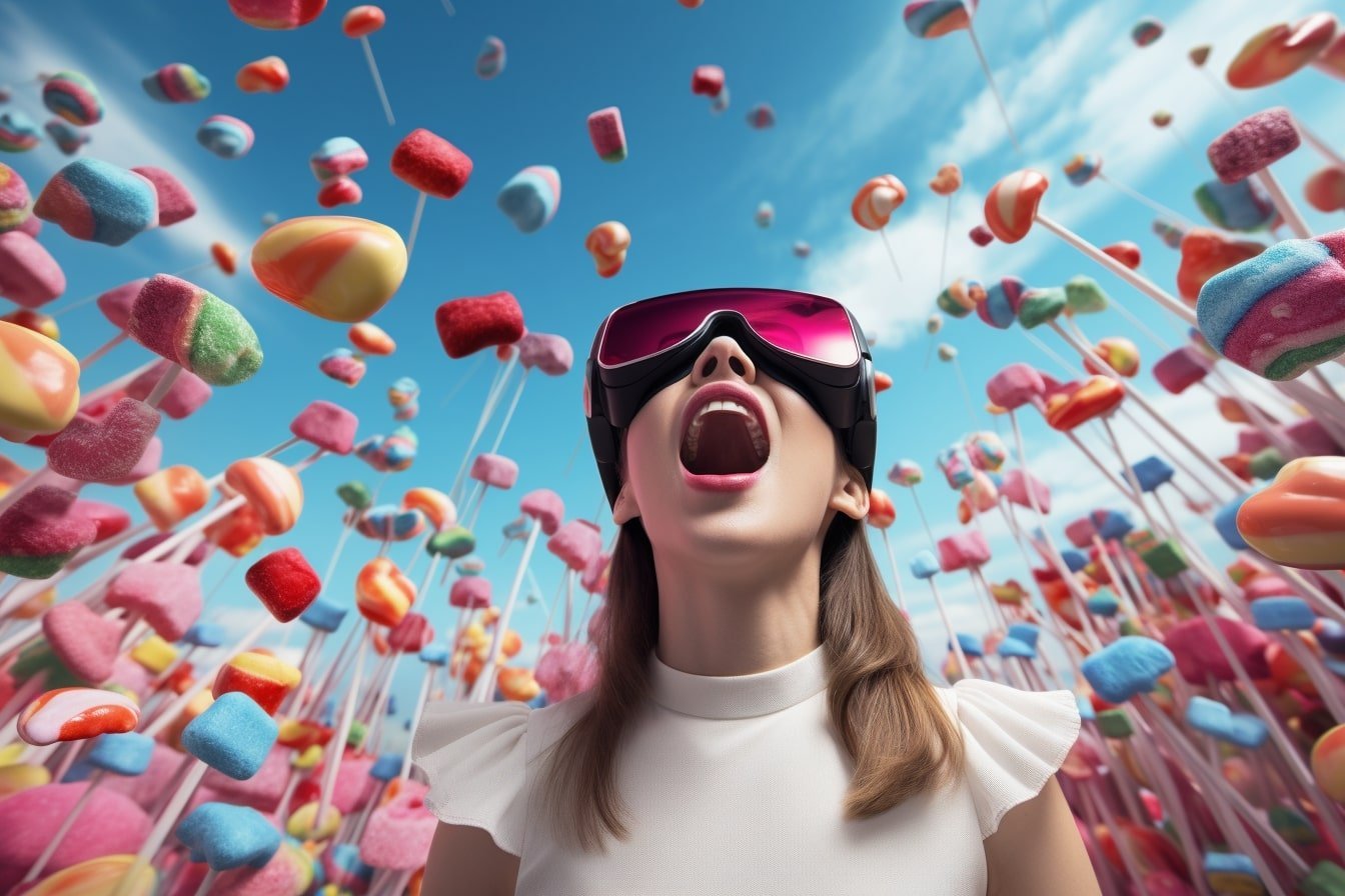 This shows a woman in VR glasses surrounded by candy.